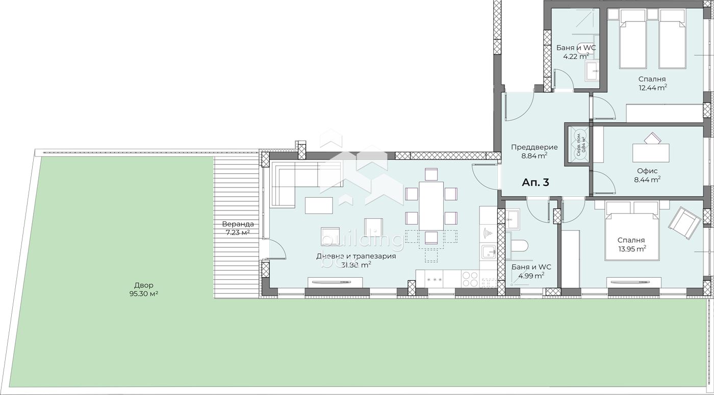 С АКТ 16! Голям апартамент с две спални и офис, както и голям озеленен двор от 100 кв.м. - 0