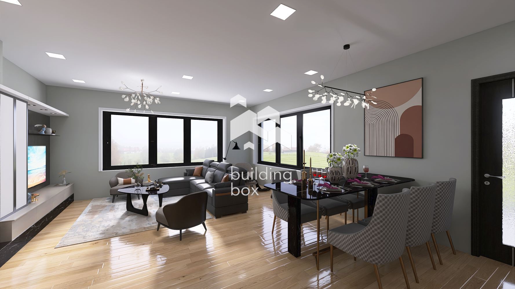 Двуетажна къща с сосбвен двор, гараж и паркомясто в к-с Harmony Living